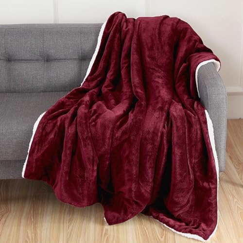 Elegant Comfort Luxury Ultra-Plush Velvet Touch Fleece Throw Soft, Warm, Cozy| Micromink Sherpa-Backing Reversible Blanket for Bed, Sofa and Couch, Solid Burgundy by ELEGANTCOMFORT