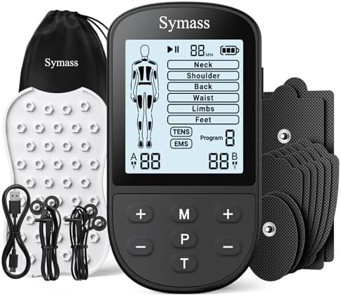 TENS Unit Muscle Stimulator, EMS Massager Machine, Dual Channel Electronic Pulse Physical Therapy Machine for Back Pain Relief, Shoulder Recovery, Muscle Relaxation, 24 Modes,10 TENS Unit Pads by Symass