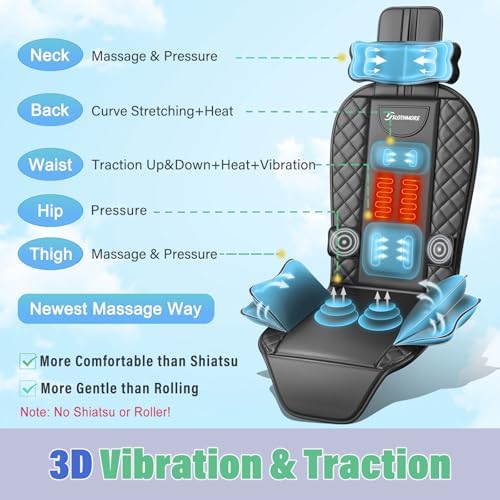 Back Massager with Heat & Traction & Vibration, Seat Massager Pad for Pain Relief Deep Tissue, Lumbar Traction, PU Leather, Foldable, for 5’ to 6’1”, Massage Chair Pad for Office Home - Image 2