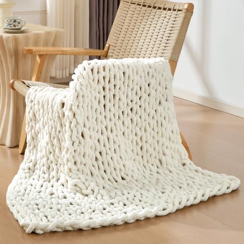 Bigacogo Chunky Knit Throw Blanket for Couch, 40x40 inches, Vintage White by Bigacogo
