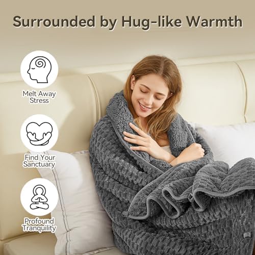 Weighted Blanket 15lbs for Adults, Queen Size Jacquard Sherpa Heavy Blanket for Calming and Relax, Dual Sided Ultra Soft Fuzzy Throw Blanket with Glass Beads, 60 x 80 inches, Dark Grey - Image 2