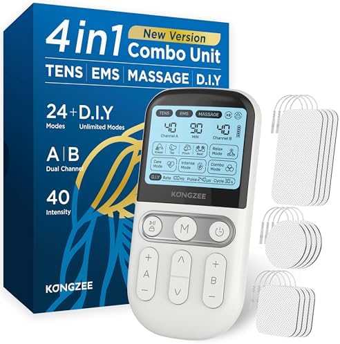 4 in 1 - D.I.Y & Tens Unit & EMS & Massage Muscle Stimulator, Dual Channel TENS Units Therapy Machine for Pain Relief, FDA Cleared Rechargeable Electronic Pulse Massager, with 12pcs Electrode Pads. by RelaxyourlifewithKONGZEEproduct