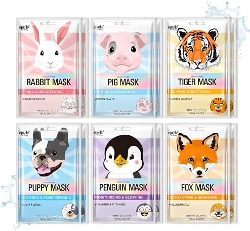 Epielle Character Face Mask Fuzzy Friends 12 Pack, Fun & Effective Korean Skin Care, Spa Party Favors, Birthday Gifts for Women, Self Care Gifts by Epielle