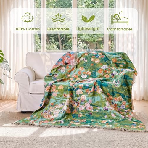 MSGKV Boho Throw Blanket 50"x60" Cotton Floral Muslin Blanket for Sofa - Image 2