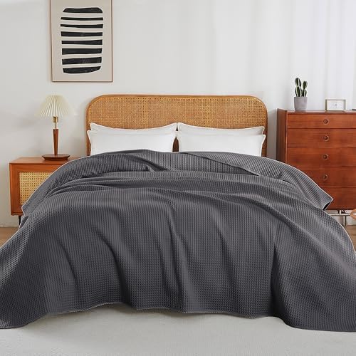 100% Egyptian Cotton Waffle Weave Throw Blanket for Bed Couch Sofa Home Decor, Soft Lightweight Bed & Couch Blanket for All Seasons (Dark Grey - Queen Size - 90 * 90") - Image 2