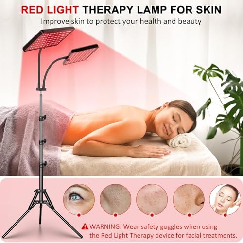 SAVILER® Red Light Therapy Lamp with Stand, 140 LEDs 660nm Red & 850nm Near Infrared Light Therapy for Face and Body, Dual Head Panel with Timer, 5 Brightness Levels, Pulse Mode, Wall or Floor Mount - Image 2