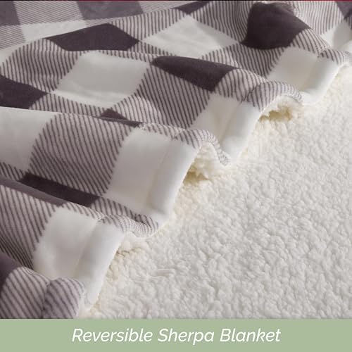 Elegant Comfort Ultra Soft Reversible Buffalo Plaid Flannel Sherpa Blanket - Cozy Silky Checkered Fleece Throw for Couch, Bed - Plush Fuzzy Warm Winter Blanket for Gift, Full, Gray - Image 5