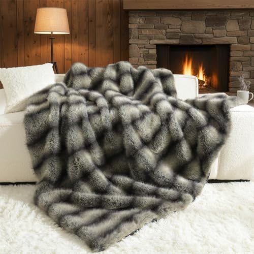 HORIMOTE HOME Luxury Faux Fur Throw Blanket, Non-Shedding 50"x60" Fur Blanket Throw, Ultra Soft Blankets for Bed, Couch and Sofa, Premium Soft, Thick Fluffy Throws, Grey Black Stripes by HORIMOTEHOME