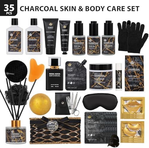 35 Pcs Gifts for Women & Men, Charcoal Bath & Body Gift Basket, Spa Baskets - Image 2