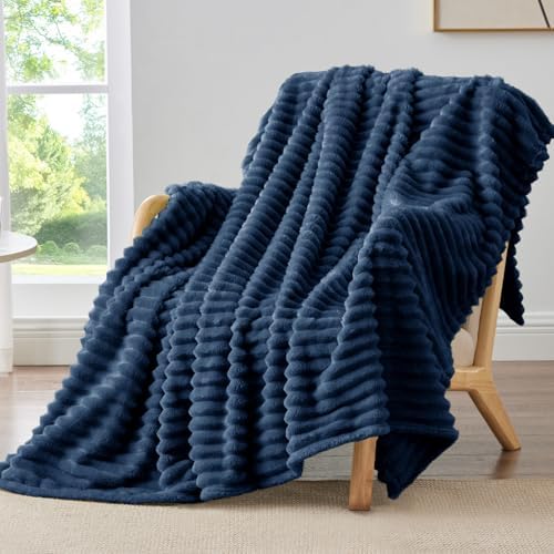 BEDELITE Ribbed Fleece Throw Blanket for Couch, Navy, 50"x70" by BEDELITE