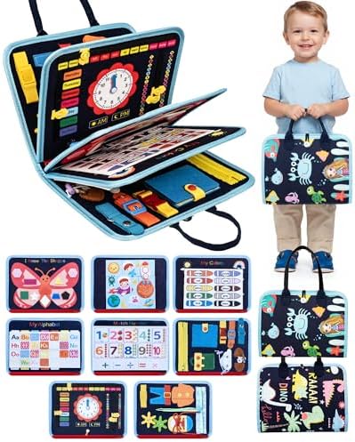 Montessori Busy Book, 8-Page Sensory Activity Toy, Blue by Ladfar