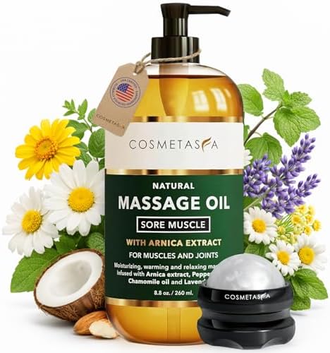 Cosmetasa Massage Oil for Sore Muscle Massage Therapy with Roller - All Natural, Cruelty-Free Massage Oils for Muscle Relaxing & Joint Comfort - Arnica Extract with Lavender & Chamomile Oil (8.8 oz) by Cosmetasa