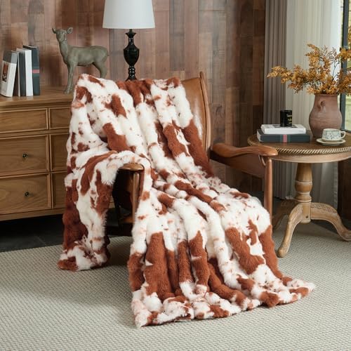 Lotus Karen Faux Fur Throw Blanket Cow Print-Light Brown, Fluffy Fuzzy Plush Bubble Blanket for Couch, 90x90 InchesCozy Shaggy Rabbit Blanket, Luxury Decorative Gifts for Sofa Bedroom Living Room. - Image 3