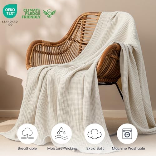 PHF 100% Cotton Muslin Throw Blanket 50" x 60", 4-Layer Lightweight and Breathable Blanket, Luxuriously Soft Gauze Throws for Couch Bed Sofa, Ideal Gift Choice, Oat Milk - Image 5