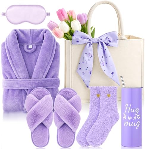 Patelai 7 Pcs Birthday Gifts for Women Spa Robe and Slippers Set Self Care Gift Basket for Women Spa Gift Basket for Friend by Patelai