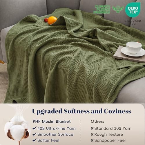 PHF 100% Cotton Muslin Blanket Twin XL Size 66"x90", 4-Layer Lightweight Gauze Throw, Breathable Cloud-Soft Minimalist Blanket for Bed, Couch, Camping & Baby, Olive Green, Ideal Gift - Image 4
