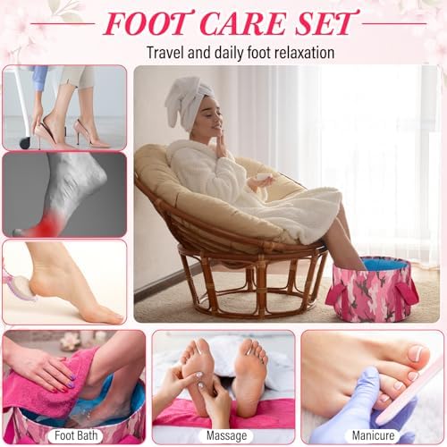 FillTouch 12 Pcs 15L Foldable Foot Soaking Tub Kit Portable Foot Bath Tub for Soaking Feet with Towel and Storage Bag Soak Spa Bucket for Travel Camping(Camouflage,Pink) - Image 6