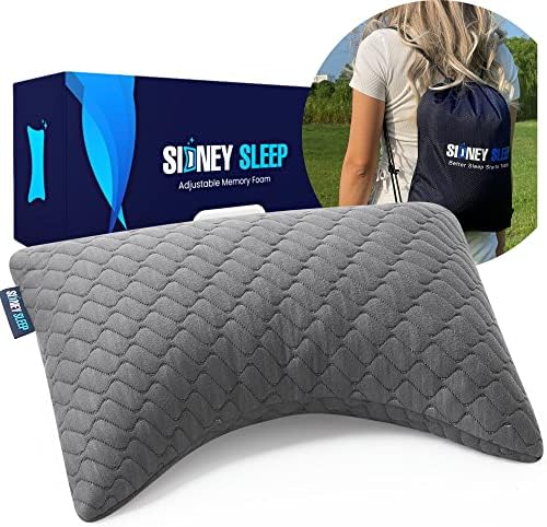 Sidney Sleep Mini Travel Size Neck Pillow - Knee, Back Lumbar and Support - Small Curved Pillow - 14 x 19 Inches - Adjustable Loft - Washable - Drawstring Backpack Included (Mini - Grey) by SidneySleep