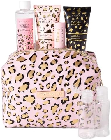Tahari Vanilla Jasmine Spa Gift Set for Women – Luxurious Bath Kit with Body Lotion, Body Scrub, Body Wash & Lip Balm with Bag – Perfect Selfcare Gifts for Women (Leopard) by VOTUM