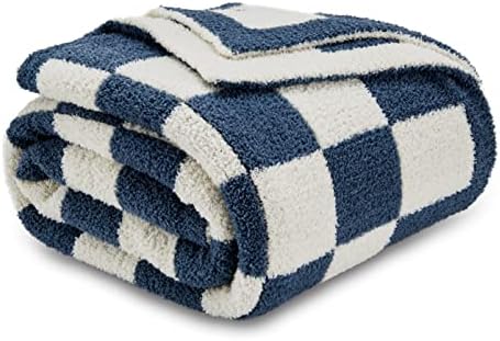 CozeCube Dusty Blue White Reversible Checkered Knit Throw Blanket 50"x60" by CozeCube