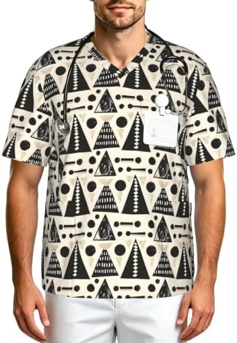 Men's Scrub Top,V-Neck Spill Wrinkle Resistant,3 Pockets-Scandinavian Geometric Shapes (2) by Unknown