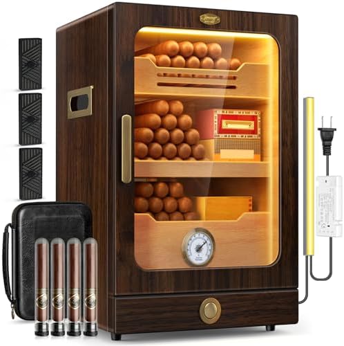 Cigar Humidor, Desktop Cigar Humidor Cabinet Light Control System with Spanish Cedar Wood Shelves, Hygrometer, 3 Humidifiers and Cigar Accessories Drawer, Father's Day Gift for Men (Walnut) by Tesonway