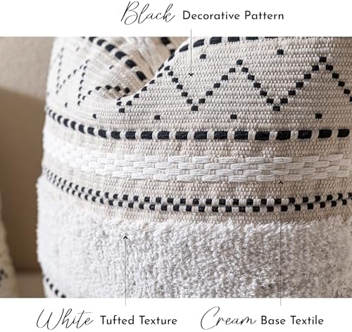 BlissBlush 20X20 Throw Pillow Cover, Cream Neutral Square Decorative Cushion Cover with Black Pattern, Boho Accent Pillowcase with Tufted Details and Tassels for Couch Sofa Living Room (Cover Only) - Image 5