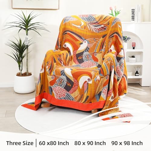 VANJOROY Boho Large Throw Blanket, 100% Organic Muslin Cotton Breathable Soft Bed Throw - Floral Bird Farmhouse Decor Blanket for Sofa Couch Chair Quilt and Gift. 80" x 90"- Colorful - Image 5