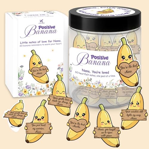 Nana Gifts Positive Banana Jar – 60 Sweet Notes for Nana, Gigi, Mimi, Funny Sentimental Mothers Day Gifts for Grandma from Granddaughter, Grandson, Grandkids, Easter Basket Stuffers by KATINAT
