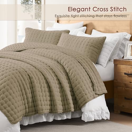 WDCOZY King Size Quilt Bedding Sets with 2 Pillow Shams, Lightweight Soft Bedspread Coverlet, Quilted Blanket Thin Comforter Bed Cover for All Season, 3 Pieces, 104x90 inches, Taupe - Image 3