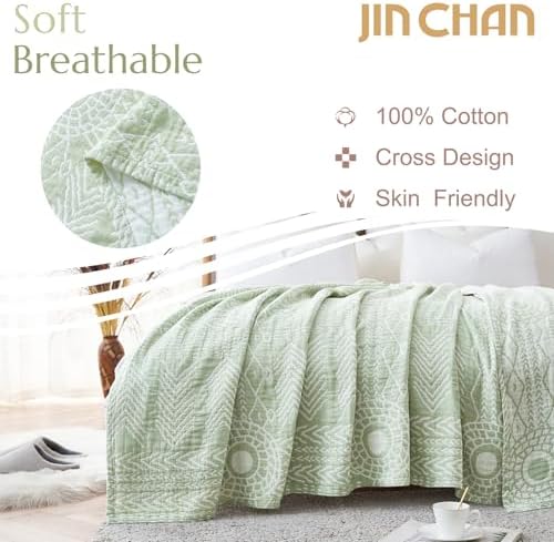 jinchan Boho 100% Cotton Blanket Muslin Lightweight Twin Size Throw Blanket Reversible for Couch Soft Cozy All Season 3-Layer Throw Coverlet Blanket for Bedroom Living Room Decor Green 60x80 Inches - Image 2