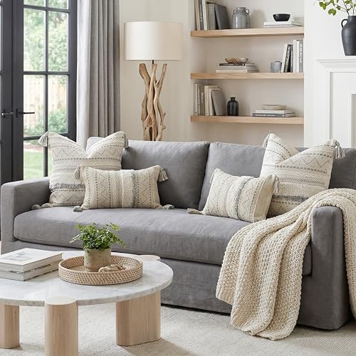 BlissBlush Gray Decorative Throw Pillow Covers 20x20 Combo Set of 2 Square Boho Neutral Grey Accent Pillowcase Tassels Farmhouse Cushion for Couch Sofa Bedroom Living Room Home Décor Cover ONLY - Image 3