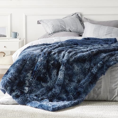 Bedsure Faux Fur Fluffy Sherpa Fleece Queen Blanket Tie Dye Navy 60"x80" - Image 5