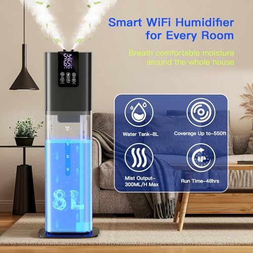 Smart Humidifiers Large Room Bedroom Home, 2.11Gal(8L) Quiet Top Fill Cool Mist Humidifier, Smart App & Remote Control, 3 Speed Humidifier with 360° Nozzle, Humidity Setting for Baby Office(Gray) - Image 3
