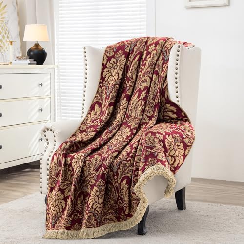 Loom and Mill Damask Floral Throw Blankets for Bed, Burgundy Red, 52" x72” by LoomandMill