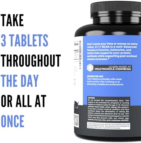 Crazy Muscle BCAA Pills Branched Chain Amino Acids Essential Supplement for Workout Support Pre Post Training Fitness Support for Men and Women 2:1:1 Ratio 120 Tablets 40 Servings. - Image 7