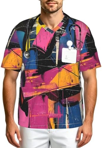 Men's Scrub Top,V-Neck Spill Wrinkle Resistant,3 Pockets-Graffiti Street Art (1) by Unknown