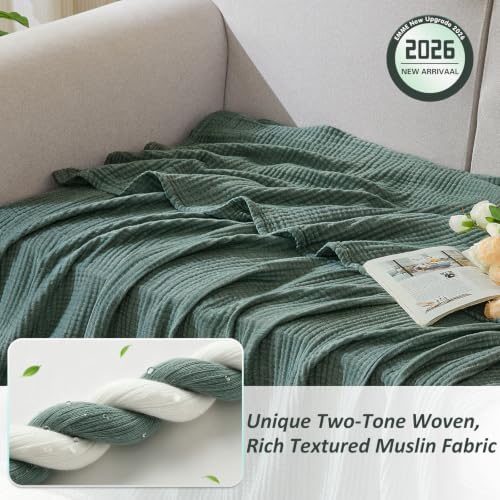 EMME Cotton Muslin Large Throw Blanket Couch Breathable Gauze Soft Lightweight Bed Blankets Adults (Heather Forest Green, 50"x70") - Image 2