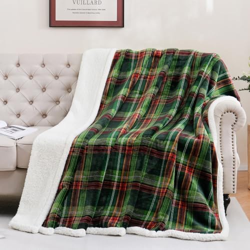 PU MEI Sherpa Fleece Throw Blanket 60" x 80" Reversible Plush Fluffy Large Big Blanket Lattice Flannel Blankets for All Season Use, Chrismas Green by HOME