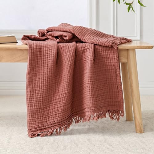 Esterra Muslin Throw Blanket 50x65 Inches Cozy Soft Lightweight Pre-Washed Cotton Blanket, All Season Breathable 4-Layer Gauze Blanket Throw for Sofa Couch Bed, Copper Brown by Esterra