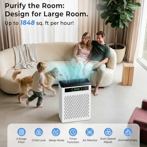 Airtok Air Purifiers for Home Large Room Up to 1848sq.ft, HEPA Air Purifier for Bedroom, Pet Hair Air Cleaner with Washable Filter, Aromatherapy, Sleep Mode Air Cleaners for Smoke, Office-AP3001 White - Image 2