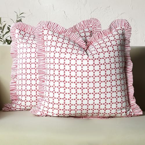 CPC Magenta Pink Hand Block Print 100% Cotton Ruffle Throw Pillow Cover 20x20 inch with Hidden Zipper Decorative for Couch, Bed, Sofa, Farmhouse, Cottagecore Decor Gift Christmas Fall Thanksgiving by COTTONPRINTCLUB