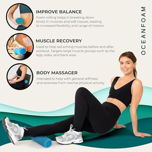 Oceanfoam Ripple Travel Foam Roller (11" x 3.35") Firm Mini Foam Roller for Physical Therapy, Deep Tissue Massage, Back Pain, High Density, Ergonomic Wave Textured, Yoga, Pilate, Exercise (Miami Blue) - Image 6