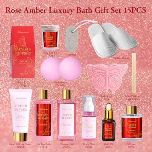 17Pcs Bath and Body Gifts for Women, Rose Relaxing Spa Gift Basket for Her - Image 2