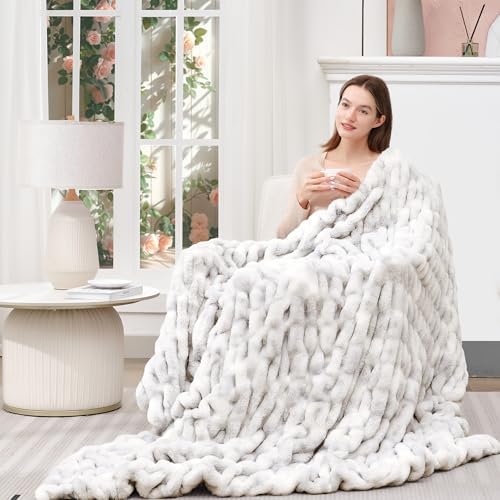 Touchat Ruched Faux Fur Blanket Twin,Fluffy Soft Cozy Blanket,Tie-dye Grey - Image 3