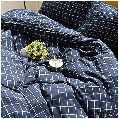 F.Y.Dreams 100% Washed Cotton Duvet Cover for Weighted Blanket 60x80 inches with 16 Ties, Zipper on Long Side/Navy Grid/Just Duvet Cover - Image 5