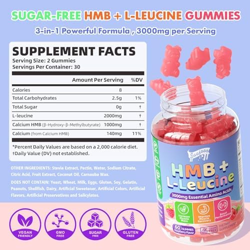 2 Pack HMB and L-Leucine 3000mg with Calcium Gummies - Muscle Support & Recovery for Adults & Elderly, Vegan, Gluten Free, 120 Gummies - Image 2