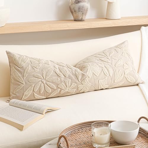 BlissBlush 14x36 Lumbar Pillow Cover for Bed, Rectangular Decorative Long Throw Pillowcase, Embroidered Farmhouse Accent Cushion, Beige Neutral Floral Tufted (Cover Only) by BlissBlush