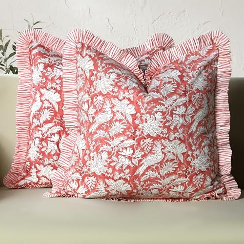CPC Block Print Ruffle Throw Cover Pink Coral 16"x16" Inch Pack of 2-100% Cotton Ruffle Couch Decorative Boho Pillows Case for Living Room, Bedroom, Sofa, Farmhouse Gift for Spring, Mother's Day by COTTONPRINTCLUB