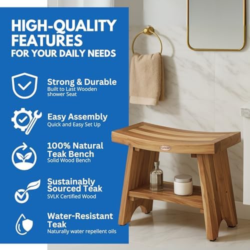 EcoDecors Serenity 24-Inch Teak Shower Bench with Shelf, 300 lb - Image 3